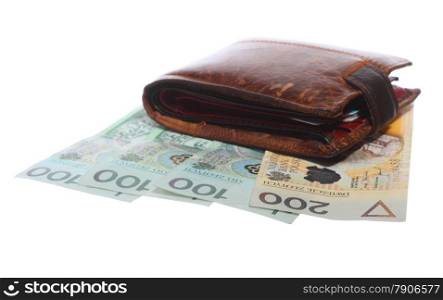 Economy and finance. Wallet with money paper currency polish zloty banknote isolated on white background