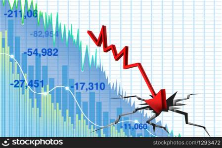 Economy and stock market crash as an economic pandemic fear and coronavirus fears or virus Outbreak and Stocks selloff as a sick financial health and business recession concept with 3D illustration elements.