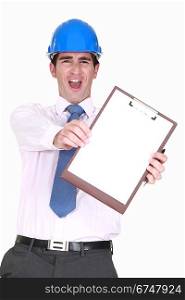 Ecstatic man in a hardhat with a blank clipboard