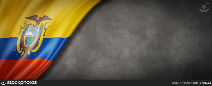 Ecuador flag on concrete wall. Horizontal panoramic banner. 3D illustration. Ecuadorian flag on concrete wall banner