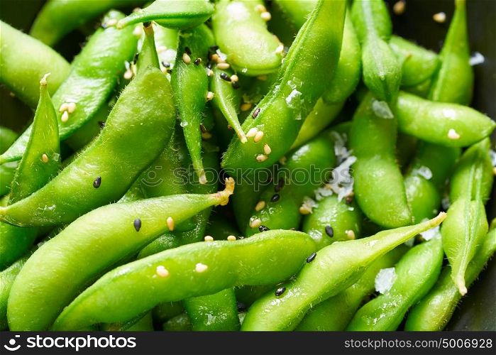 Edamame fresh soya beans close-up macro texture immature soybeans in the pod