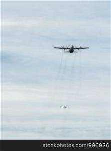 Ede,20-sep-2019:the dakota and hercules planes are approaching the heathland for dropping the paratroopers on the occasion of operation airborn, commemoration of market garden