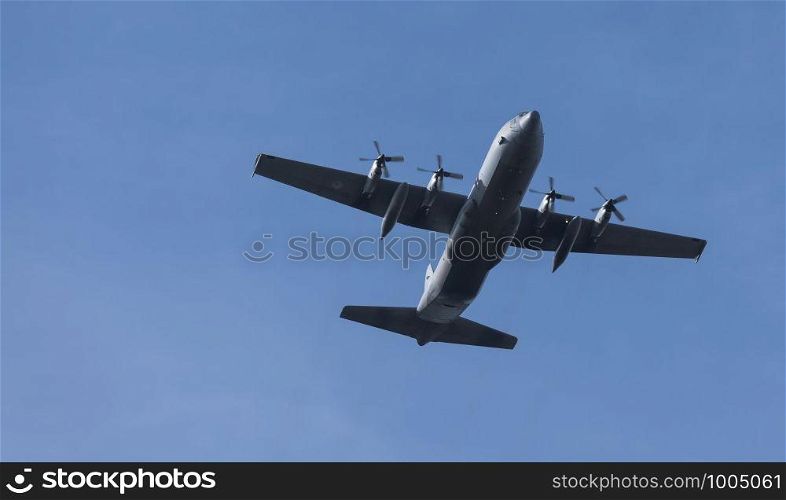 Ede,20-sep-2019:the hercules plane is approaching the heathland for dropping the paratroopers on the occasion of operation airborn, commemoration of market garden. plane approaching ede for para droppings