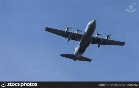 Ede,20-sep-2019:the hercules plane is approaching the heathland for dropping the paratroopers on the occasion of operation airborn, commemoration of market garden. plane approaching ede for para droppings
