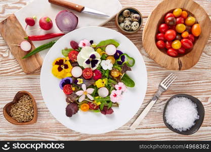 Edible flowers salad in a plate with ingredients