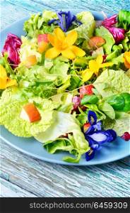 Edible flowers salad. Vegetarian salad leaves with herbs and flowers.Healthy food