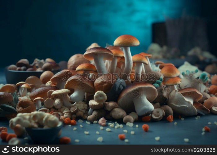 Edible nature mushrooms. Autumn natural harvest. Generate Ai. Edible nature mushrooms. Generate Ai