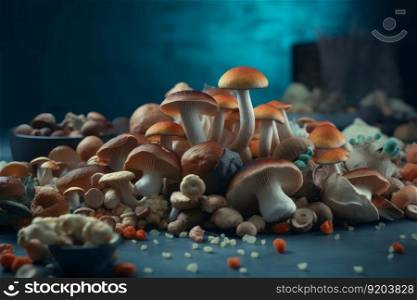 Edible nature mushrooms. Autumn natural harvest. Generate Ai. Edible nature mushrooms. Generate Ai