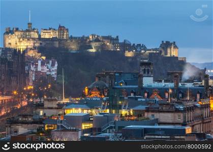 Edinburgh Castle with Cityscape from Calton Hill at dusk Scotland UK