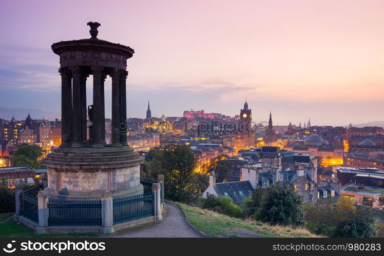 Edinburgh city from Calton Hill at night, Scotland, UK