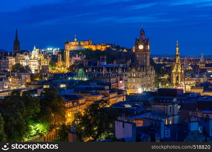 Edinburgh Cityscape from Calton Hill sunset dusk, Edinburgh, Scotland UK