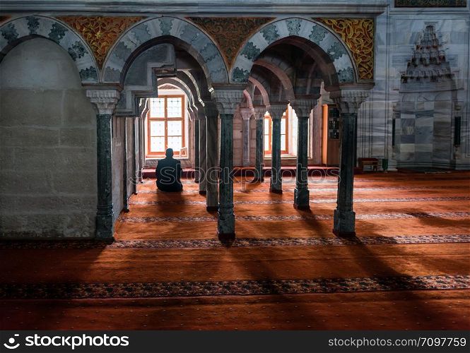 EDIRNE - TURKEY, MARC 9: Undefined muslims praying Bayezit Mosque on March 9, 2019 in Edirne, Turkey. Beyazit Mosque built by Sultan Bayezid between 1484-1488 by Mimar Hayreddin.