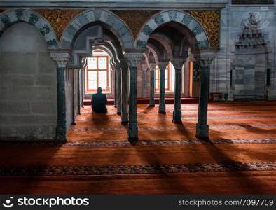 EDIRNE - TURKEY, MARC 9: Undefined muslims praying Bayezit Mosque on March 9, 2019 in Edirne, Turkey. Beyazit Mosque built by Sultan Bayezid between 1484-1488 by Mimar Hayreddin.