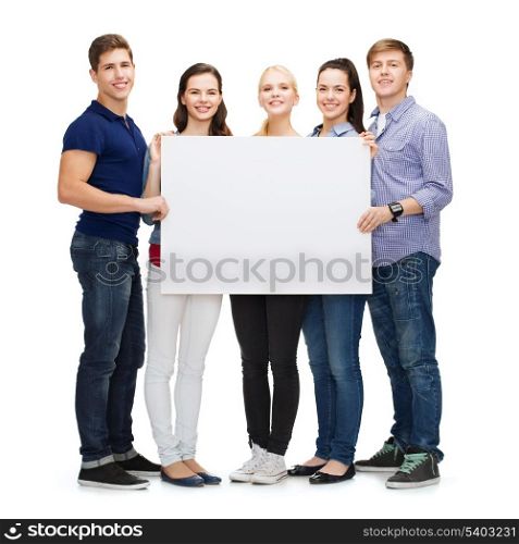 education, advertisement, sale and people concept - group of smiling students with blank white board