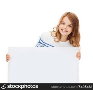 education and blank board concept - smiling little girl with blank white board