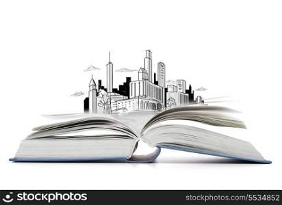 education and book concept - open book on the table with city sketch