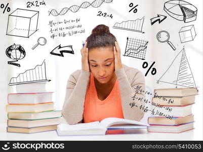 education and college concept - tired student with pile of books and notes studying indoors