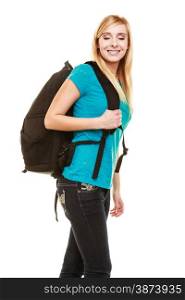 Education and college. Portrait casual blonde smiling teen girl female student with bag backpack isolated on white
