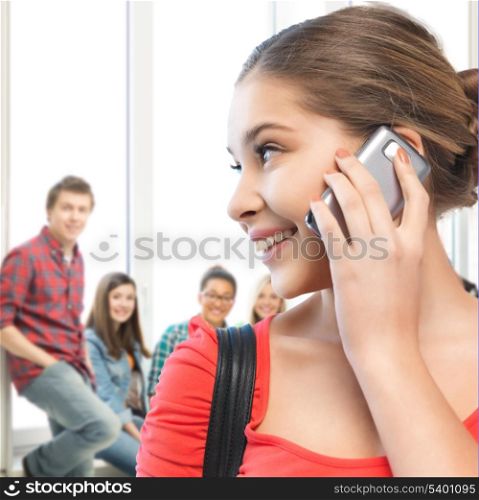 education and communication concept - student girl with cell phone at school