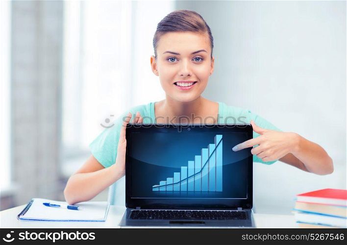 education and economics concept - student showing laptop with graph. student showing laptop with graph