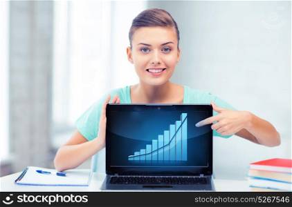 education and economics concept - student showing laptop with graph. student showing laptop with graph