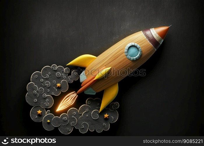 education and innovation concept. Rocket made of wood. Illustration Generative AI. education and innovation concept. Rocket made of wood. Illustration AI Generative