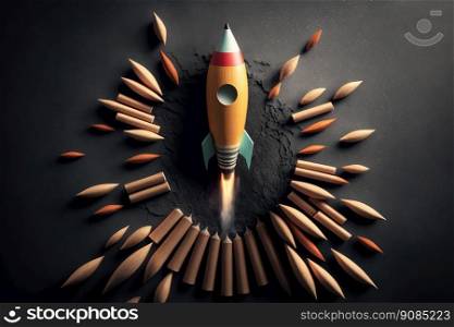 education and innovation concept. Rocket made of wood. Illustration Generative AI. education and innovation concept. Rocket made of wood. Illustration AI Generative