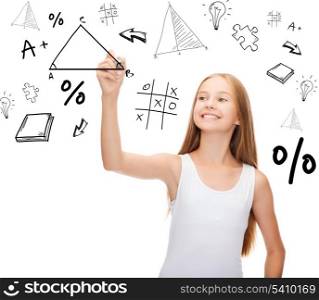 education and new technology concept - smiling teenage girl in blank white shirt drawing triangle on virtual screen
