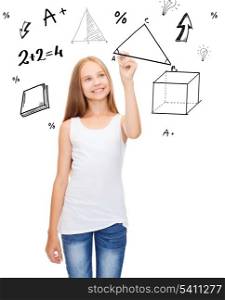 education and new technology concept - smiling teenage girl in blank white shirt drawing triangle on virtual screen