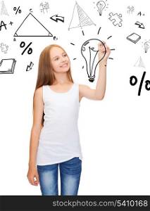 education and new technology concept - smiling teenage girl in white shirt drawing idea on vitual screen