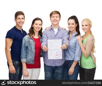 education and people concept - group of smiling students standing and showing test result