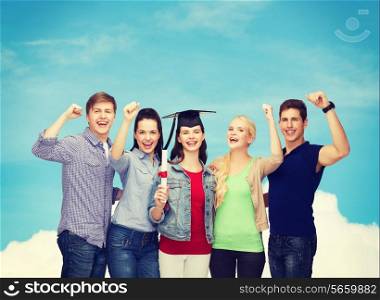 education and people concept - group of standing smiling students with diploma and corner-cap