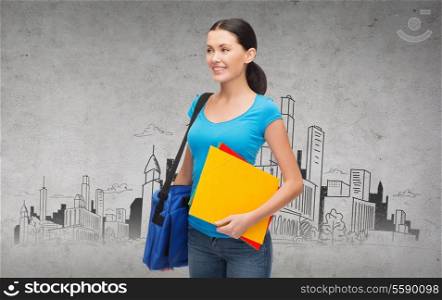 education and people concept - smiling female student with bag and folders