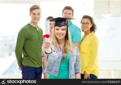 education and people concept - smiling female student with diploma and corner-cap and friends on the back
