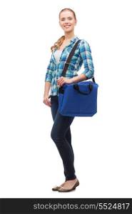 education and people concept - smiling female student with laptop bag