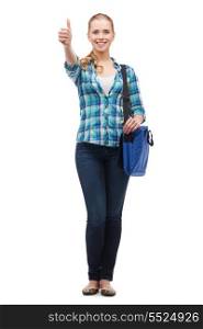 education and people concept - smiling female student with laptop bag showing thumbs up
