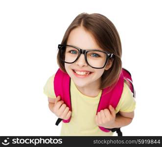 education and school concept - happy and smiling teenage girl in eyeglasses with bag. happy smiling teenage girl in eyeglasses with bag