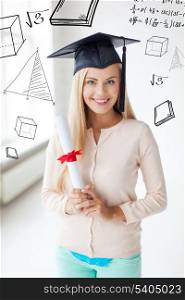 education and school concept - happy student in graduation cap with certificate