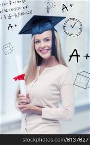 education and school concept - happy student in graduation cap with certificate. student in graduation cap with certificate