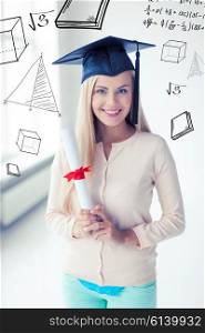 education and school concept - happy student in graduation cap with certificate. student in graduation cap with certificate