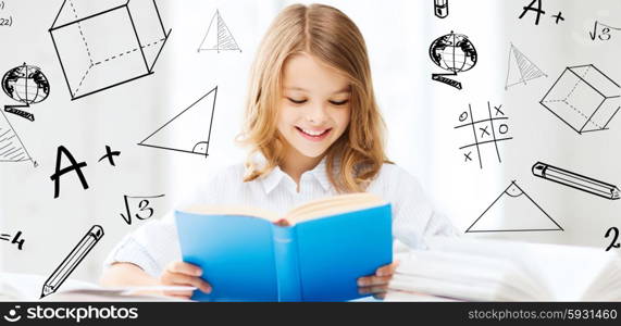 education and school concept - little student girl studying and reading books at school. student girl studying at school