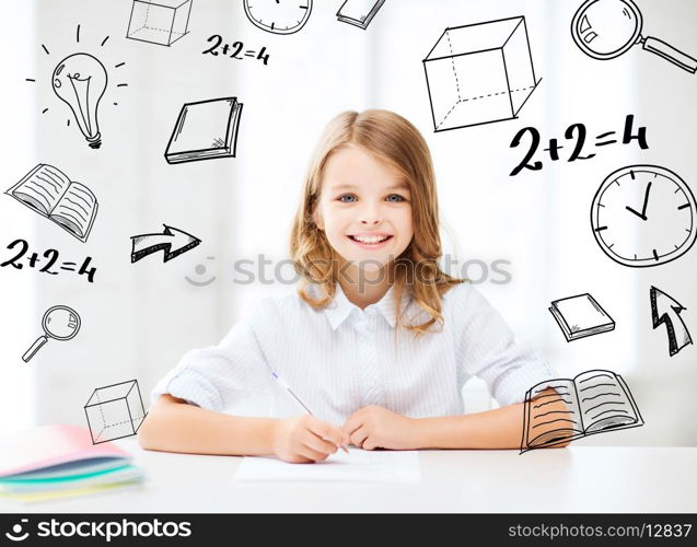 education and school concept - little student girl studying at school