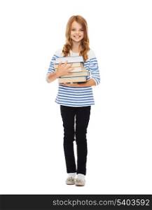 education and school concept - little student girl with many books