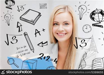 education and school concept - smiling student with doodles reading textbook