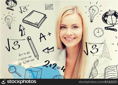 education and school concept - smiling student with doodles reading textbook. student with doodles reading book