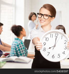 education and time management concept - attractive student showing clock