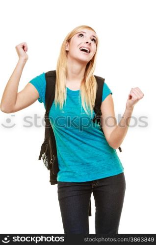 Education and young people. casual blonde emotional teen girl or female student with backpack celebrating success isolated on white.