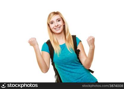 Education and young people. casual blonde emotional teen girl or female student with backpack celebrating success isolated on white.