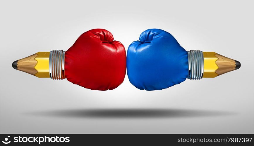 Education battle concept as two pencils with boxing gloves fighting for opposing learning and school curriculum ideology.
