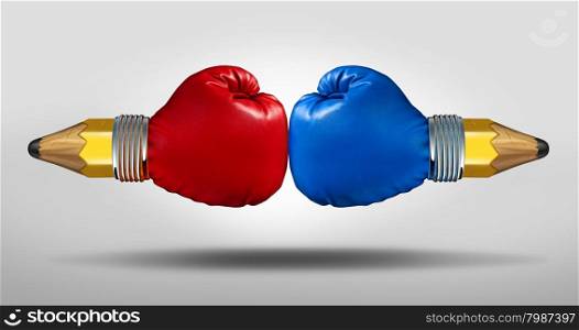 Education battle concept as two pencils with boxing gloves fighting for opposing learning and school curriculum ideology.